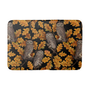 Autumn owls on black bath mat