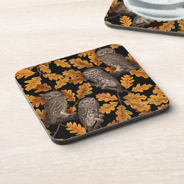 Autumn owls on black beverage coaster (Left Side)