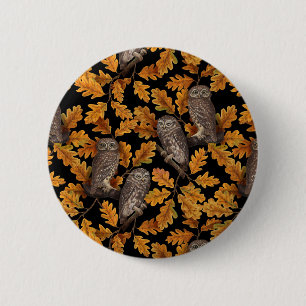 Autumn owls on black button
