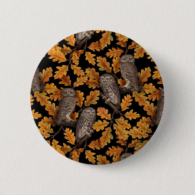 Autumn owls on black button (Front)