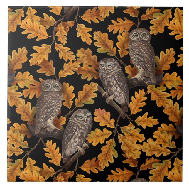 Autumn owls on black ceramic tile (Front)