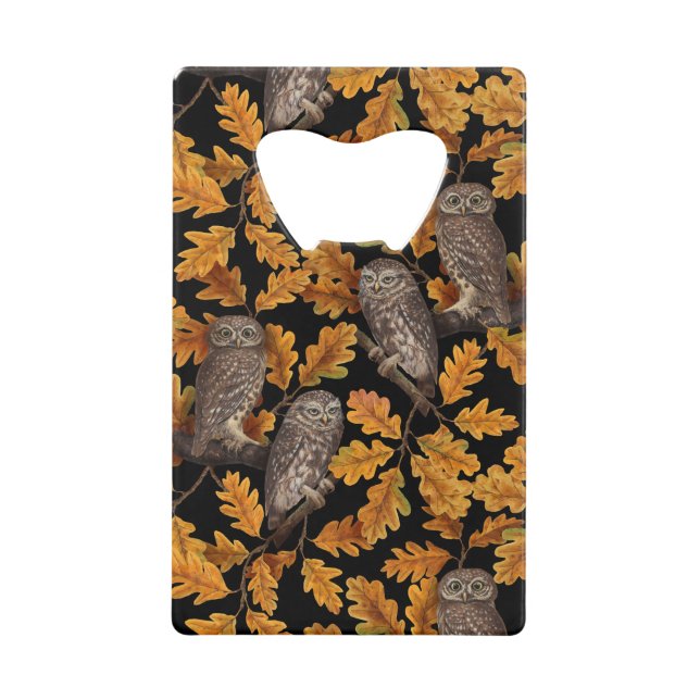 Autumn owls on black credit card bottle opener (Front)