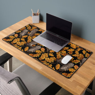 Autumn owls on black desk mat
