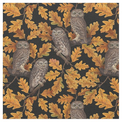 Autumn owls on black fabric