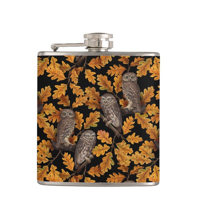 Autumn owls on black flask (Front)