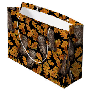 Autumn owls on black large gift bag