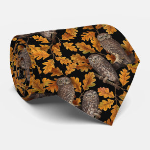 Autumn owls on black neck tie