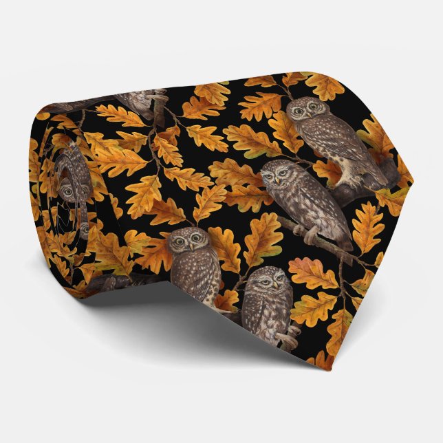 Autumn owls on black neck tie (Rolled)