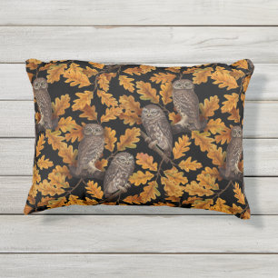 Autumn owls on black outdoor pillow