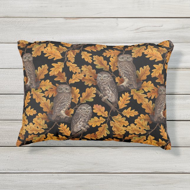 Autumn owls on black outdoor pillow (Back)