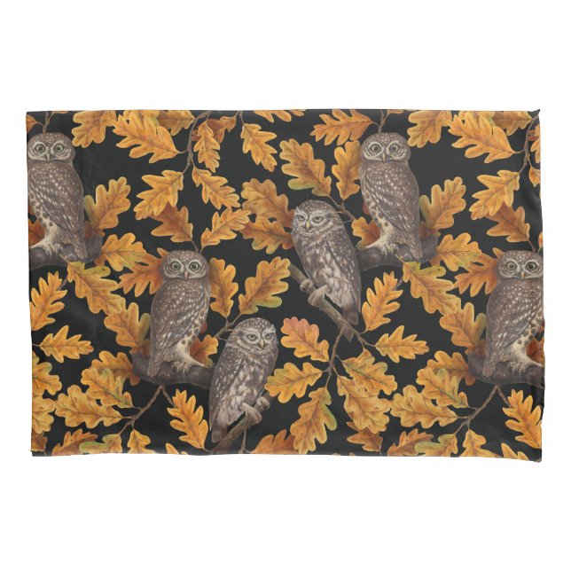 Autumn owls on black pillow case (Front-Left)
