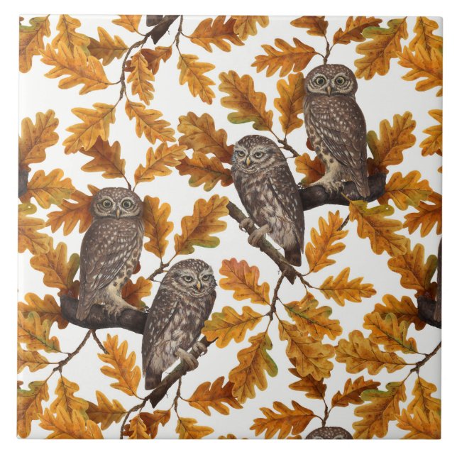 Autumn owls on cotton white ceramic tile (Front)