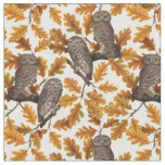 Autumn owls on cotton white fabric