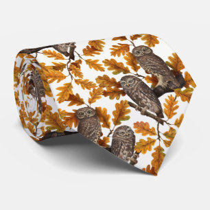 Autumn owls on cotton white neck tie