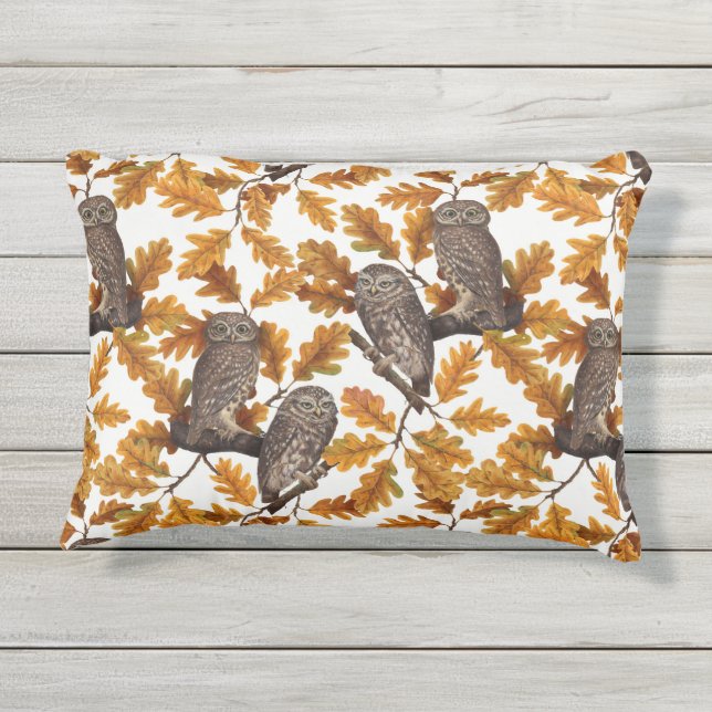 Autumn owls on cotton white outdoor pillow (Back)