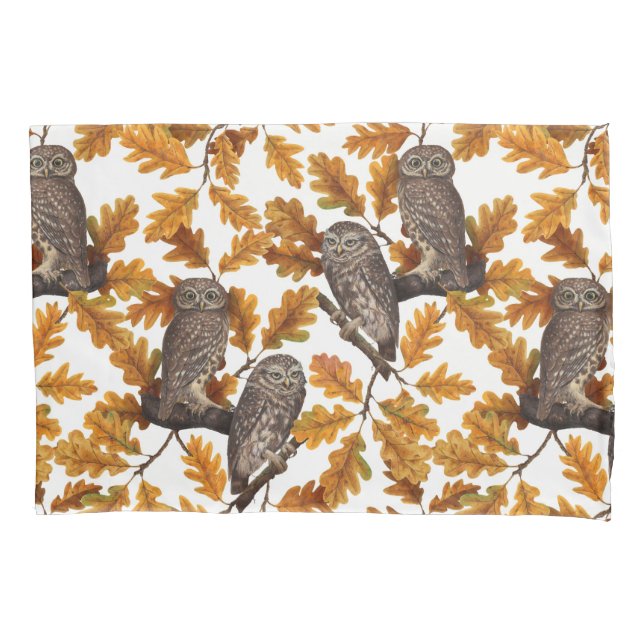Autumn owls on cotton white pillow case (Front-Left)