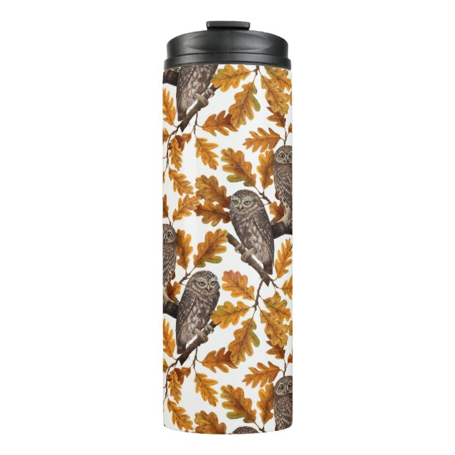 Autumn owls on cotton white thermal tumbler (Front)
