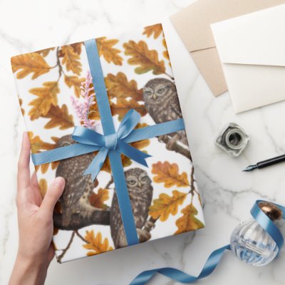 Autumn owls on cotton white wrapping paper