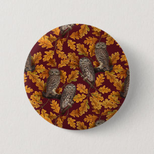 Autumn owls on dark red button