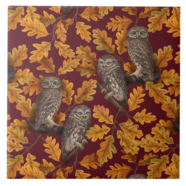 Autumn owls on dark red ceramic tile (Front)
