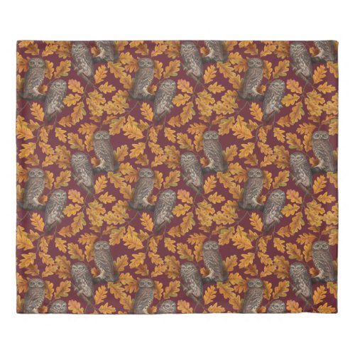 Autumn owls on dark red duvet cover