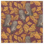 Autumn owls on dark red fabric