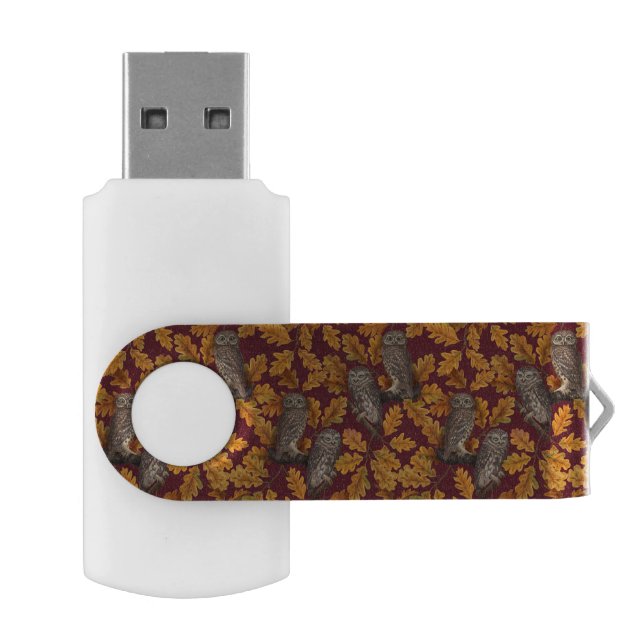 Autumn owls on dark red flash drive (Opened)