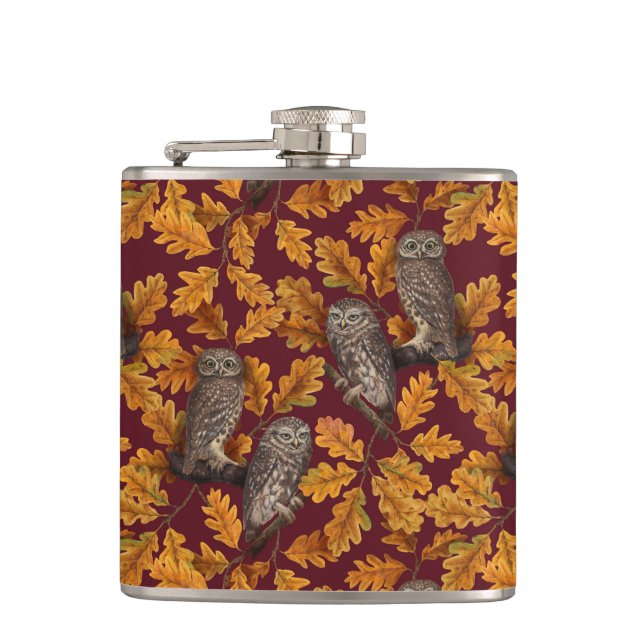 Autumn owls on dark red flask (Front)