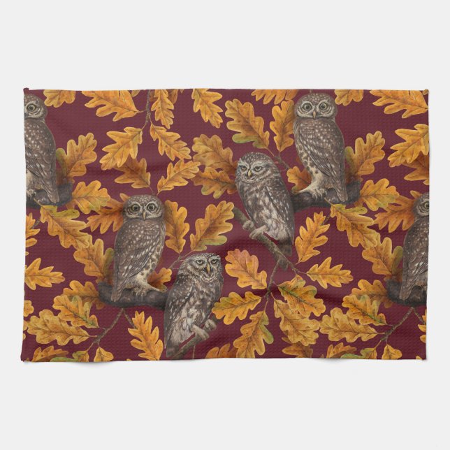 Autumn owls on dark red kitchen towel (Horizontal)