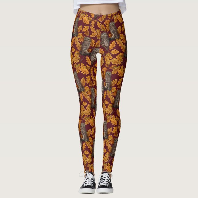 Autumn owls on dark red leggings (Front)