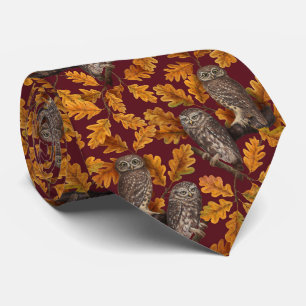 Autumn owls on dark red neck tie