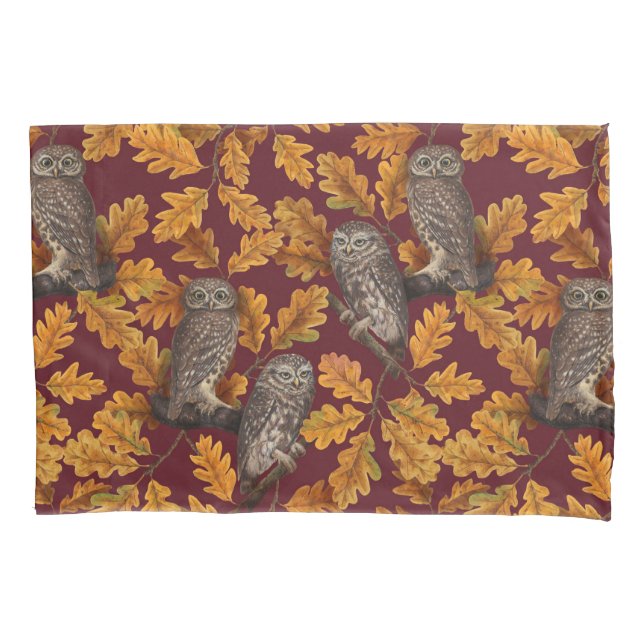Autumn owls on dark red pillow case (Front-Left)