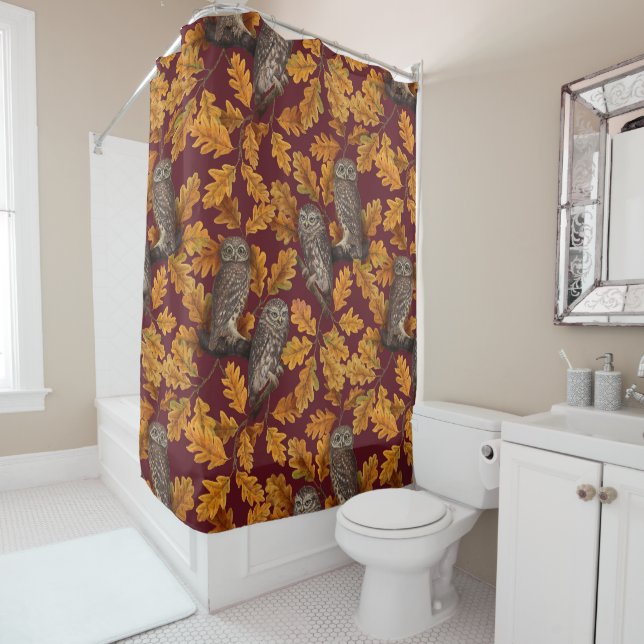 Autumn owls on dark red shower curtain (In Situ)