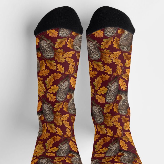 Autumn owls on dark red socks (Top)