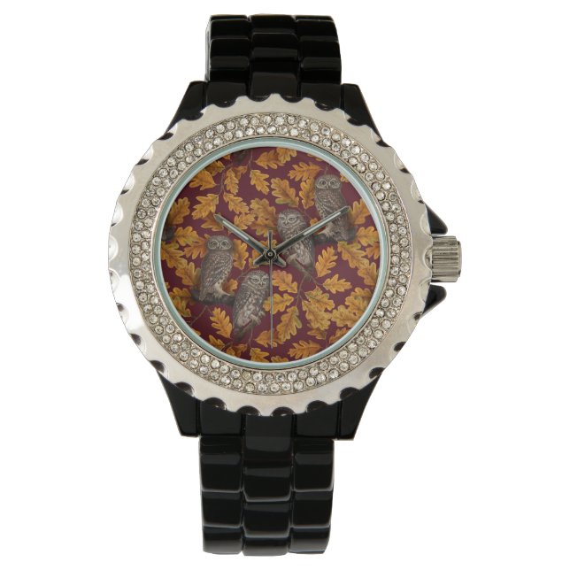 Autumn owls on dark red watch (Front)