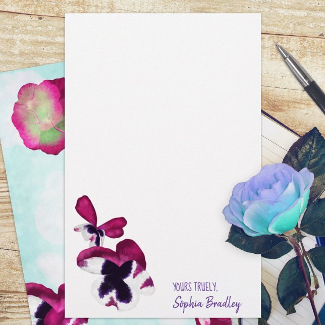 Autumn Pansies, Aqua, Pink, Purple Stationary (violet plum purple pansies turquoise budget personalized letter writing stationary paper sheets)