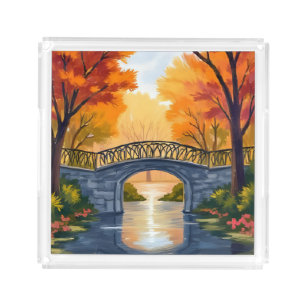 Autumn Park Bridge Fall Foliage Watercolor Acrylic Tray