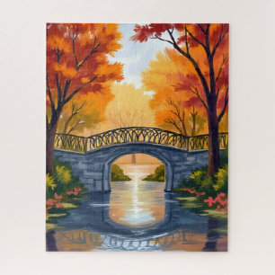 Autumn Park Bridge   Fall Foliage Watercolor Jigsaw Puzzle