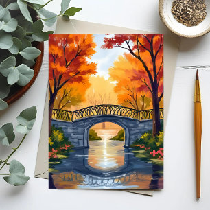 Autumn Park Bridge Fall Foliage Watercolor Postcard