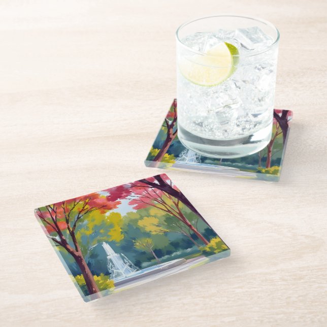 Autumn Park Fall Foliage Watercolor Glass Coaster (Angled)