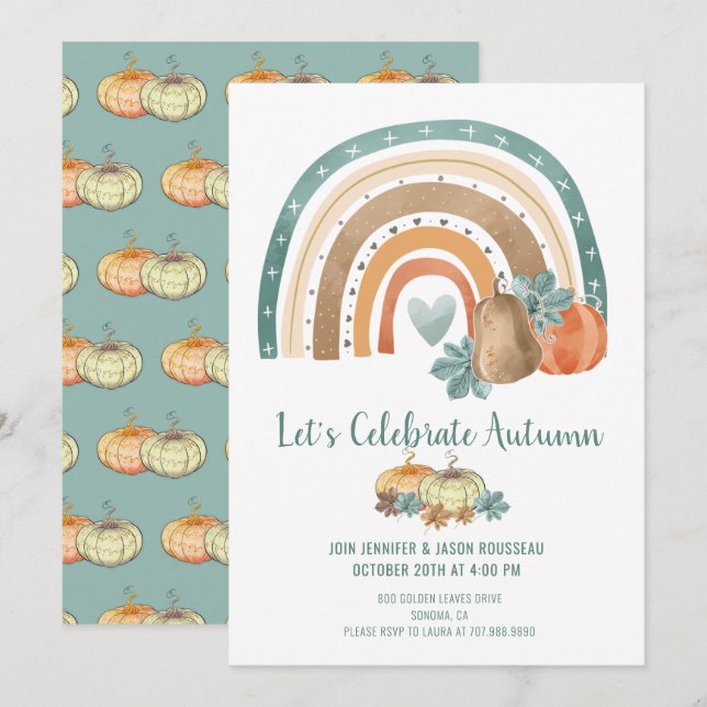 Autumn Party Watercolor Rainbow Pumpkins Invitation (Front/Back)