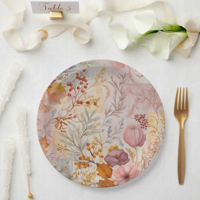 Autumn Pastel Floral Elegant Gold Pink Hues      Paper Plates (Wedding)