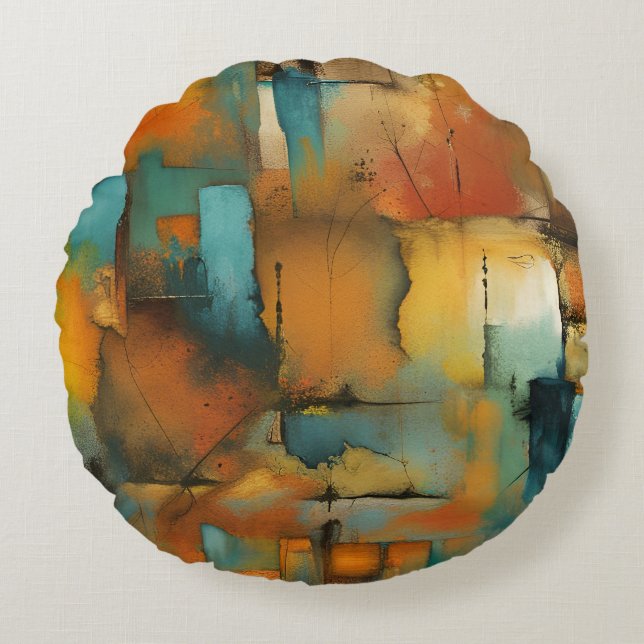 Autumn patchwork abstract round pillow (Front)