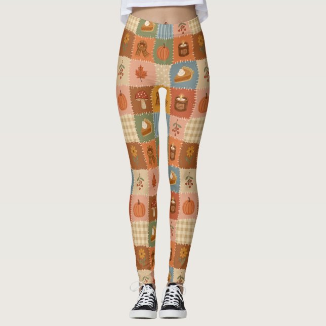 Autumn Patchwork Fall Pattern Leggings (Front)