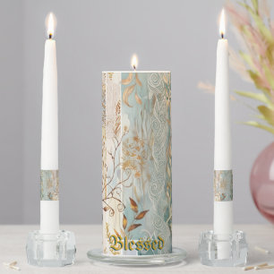 Autumn Patchwork Golden Cyan Hues Leaves Abstract Unity Candle Set