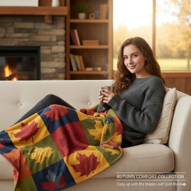 Autumn Patchwork Quilt Style with Maple Leaves  Fleece Blanket (Creator Uploaded)