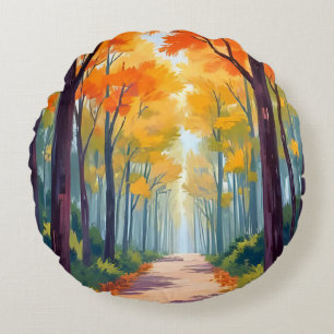 Autumn Path Fall Foliage Painting Round Pillow