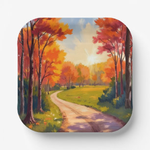 Autumn Path Red Foliage Nature Landscape Paper Plates