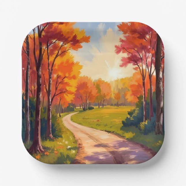 Autumn Path | Red Foliage Nature Landscape Paper Plates (Front)