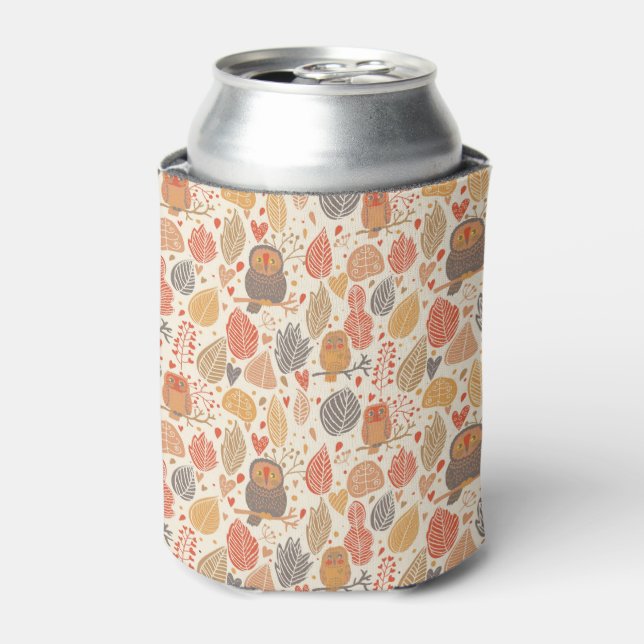 Autumn pattern. Owls in the forest Can Cooler (Can Front)